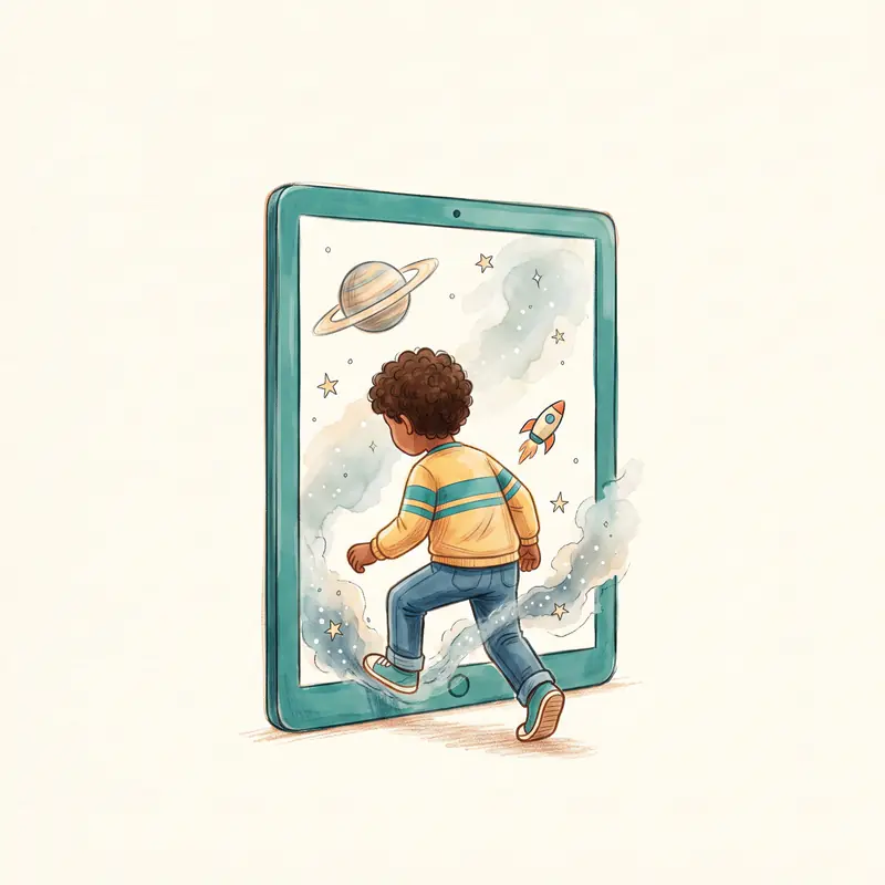Un niño de espaldas cruza el marco de una tablet como si fuera una puerta abierta hacia el cosmos.