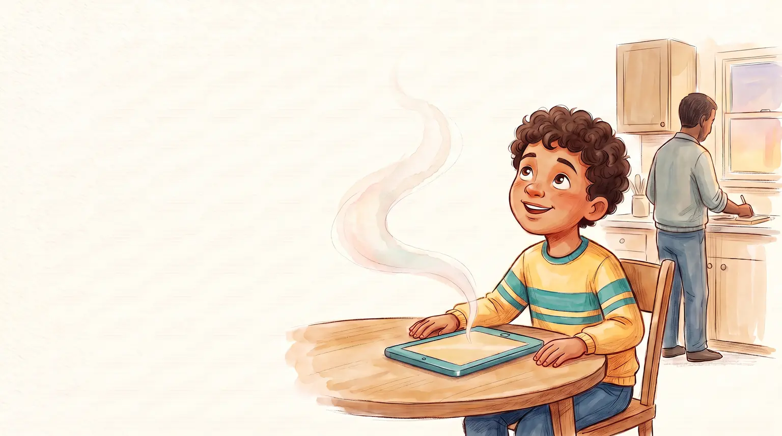 Un niño sentado a la mesa de la cocina mira hacia arriba con asombro. De su tablet sube una estela pálida. Al fondo, un adulto de espaldas.