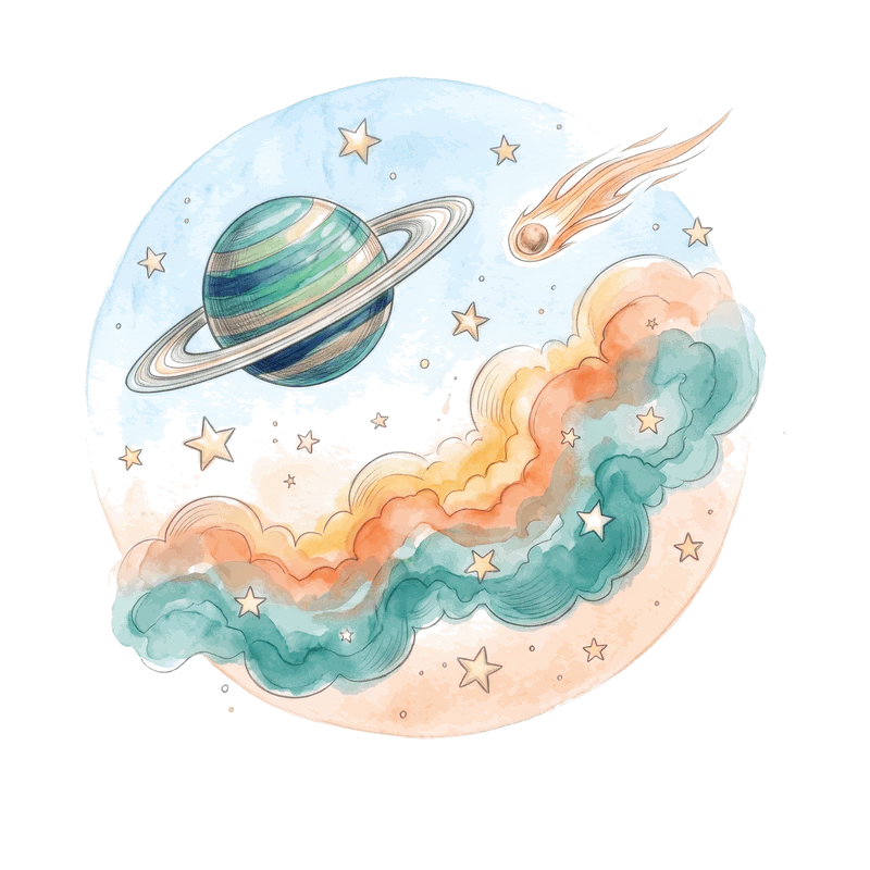 Un planeta con anillos, un cometa con estela, estrellas sueltas y nubes de acuarela verde azulado y naranja.