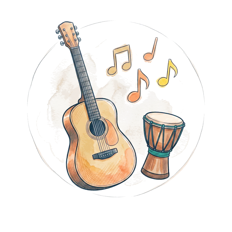 Una guitarra acústica, un tambor de mano y notas musicales flotando.